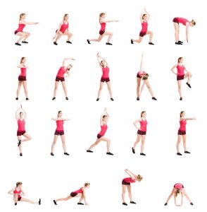 19 images of a woman doing warm up exercises